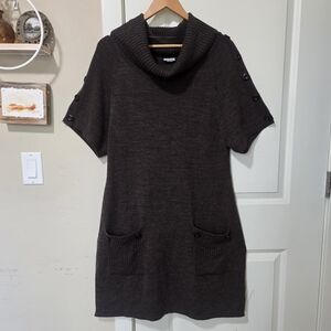 Worthington Brown Knit Cowl Neck Sweater Dress Pocket Large Lagenlook Boho Cabin